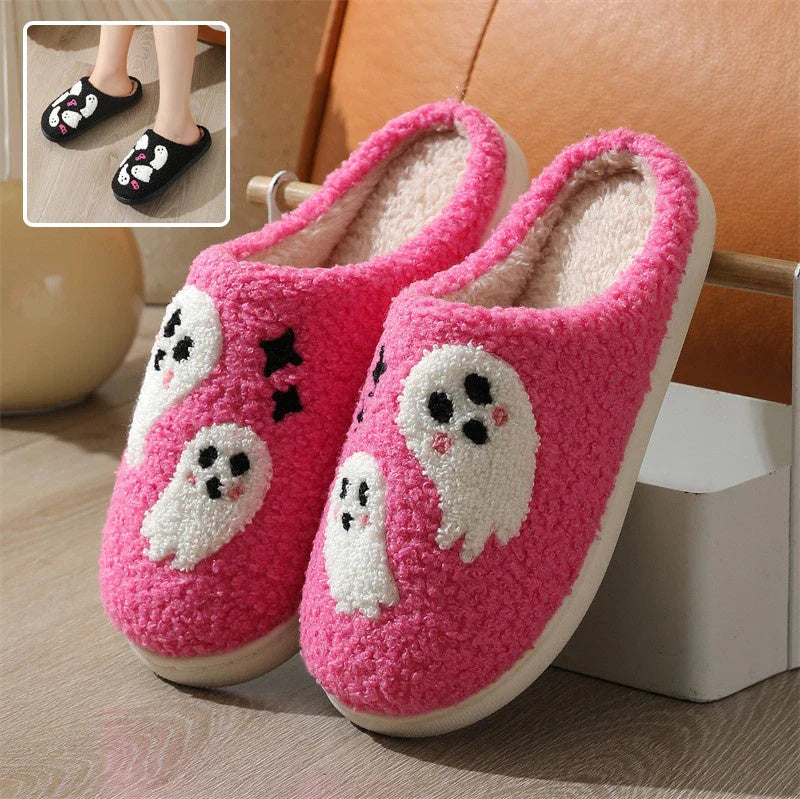 Cozy Halloween-themed cartoon ghost slippers with soft cotton construction and non-slip soles for comfortable indoor wear