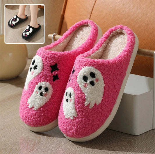 Cozy Halloween-themed cartoon ghost slippers with soft cotton construction and non-slip soles for comfortable indoor wear