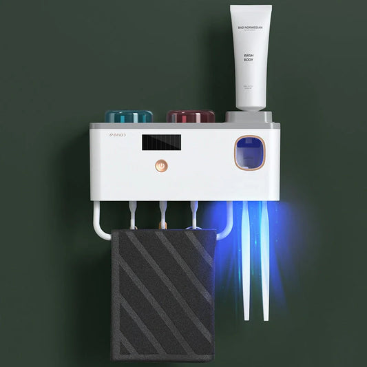 Multifunctional UV Germicidal Toothbrush Rack with magnetic cup and toothpaste squeezers