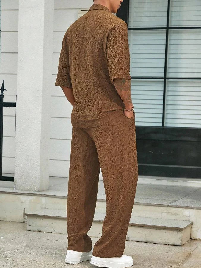 Men's summer commuter suit in cotton, short-sleeved top and loose straight trousers