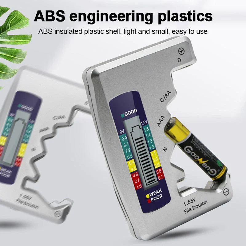 Universal Digital Battery Tester with LCD display for checking AA, AAA, 9V, and button cell batteries
