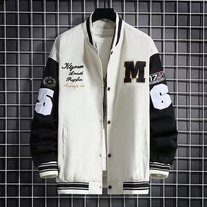 Stylish loose fit Hong Kong style baseball jacket for teens in black and beige