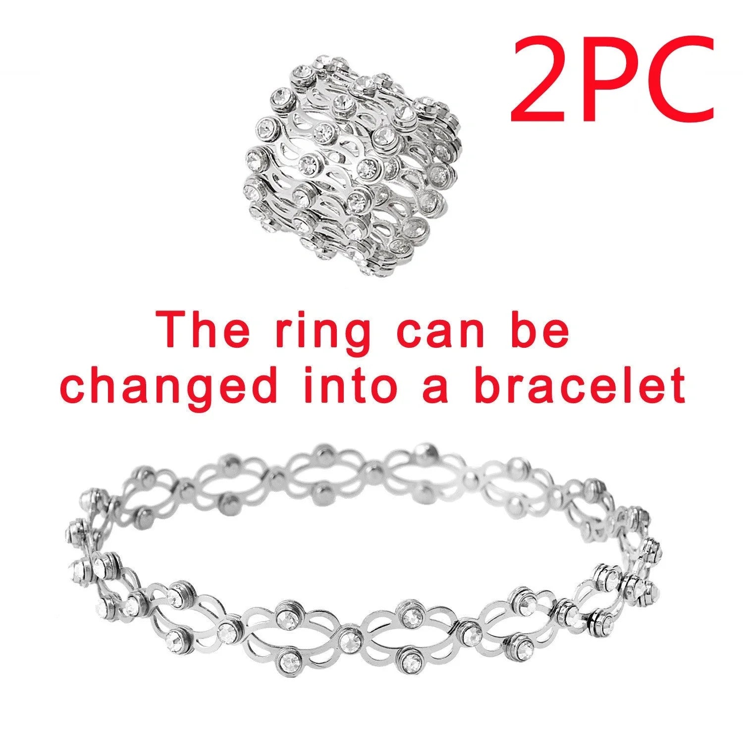 2-in-1 folding retractable rings bracelet with rhinestone detail, adjustable design