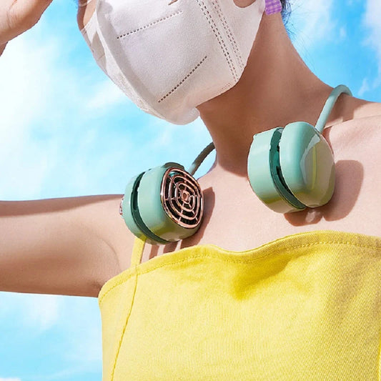 Portable hanging neck fan in pink, green, and white with dual air outlets and 360° rotation
