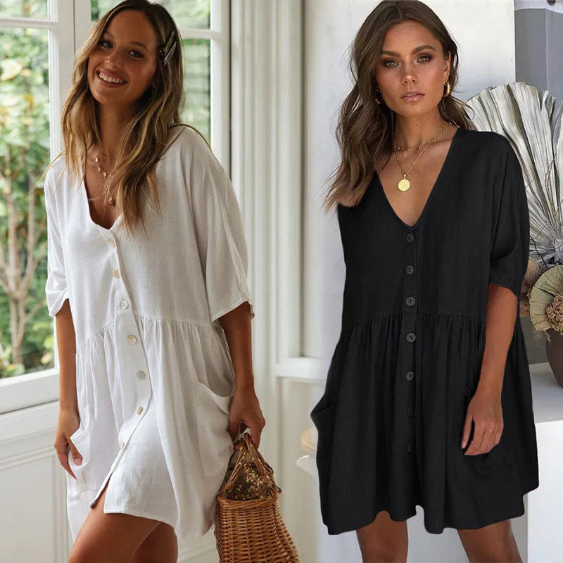 Beach Bikini Blouse Loose Button Vacation Skirt in white and black, perfect for swimming and wading.