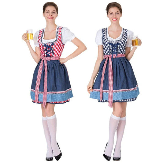 Bavarian Traditional Beer Dress in red, includes top, skirt, and apron.