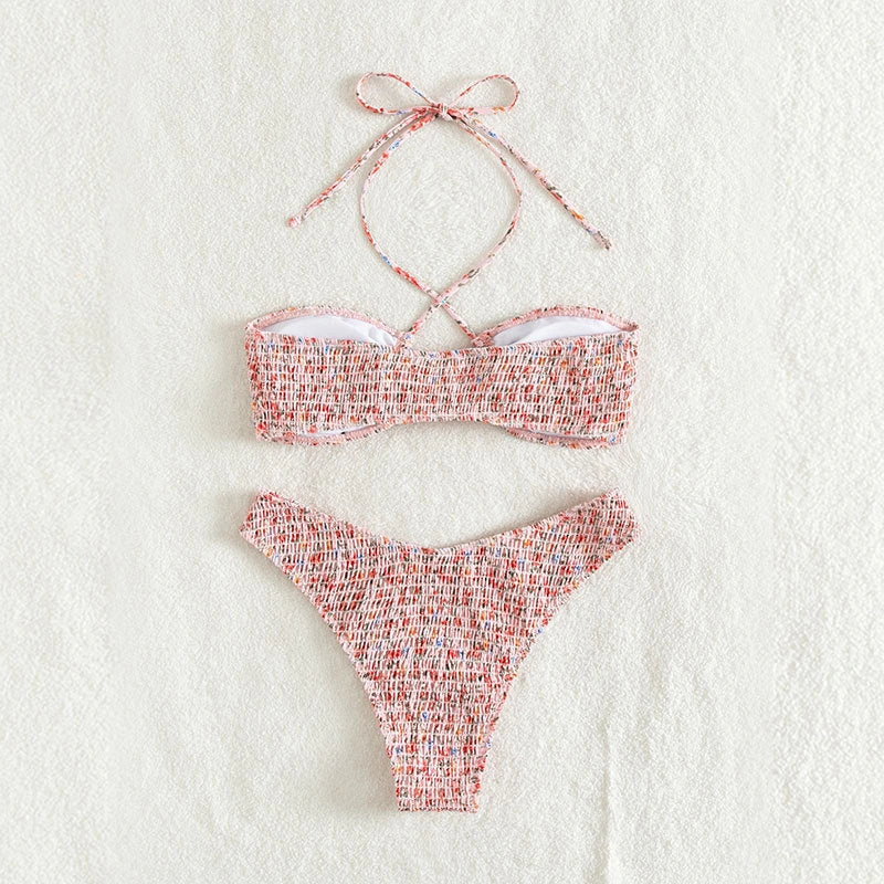 Summer flowers print pleated bikini set with halter neck in pink and blue