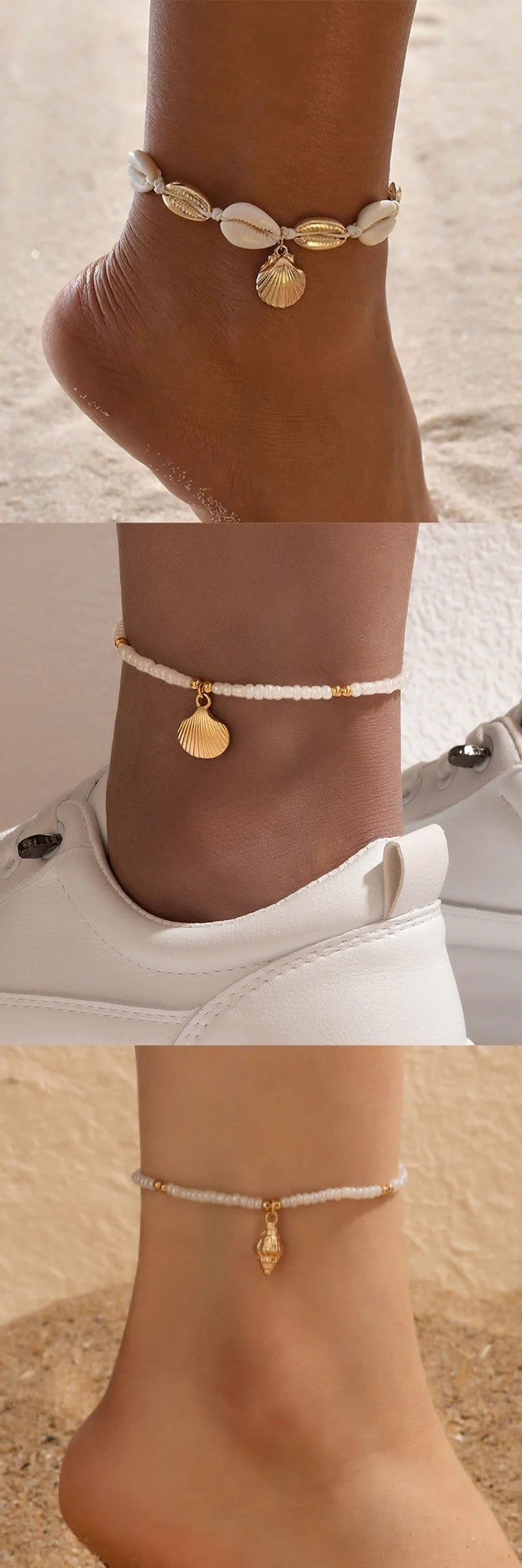 Adjustable bohemian style shell anklet with conch charm for women