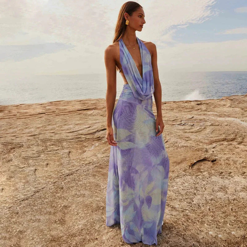 Tie Dye Printing Deep V-neck Halter Backless Long Dresses Set for Women in green and purple
