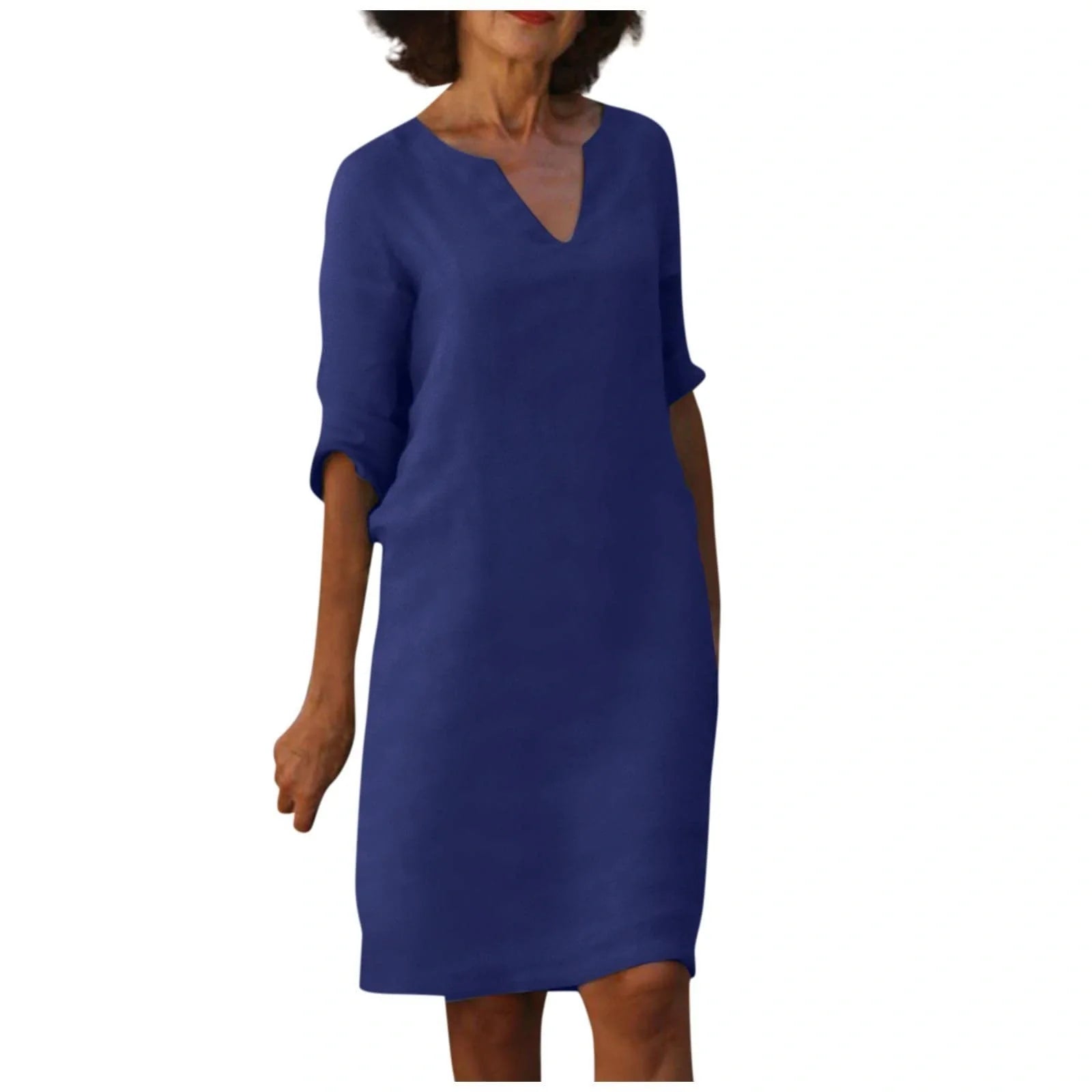 Retro high waist cotton-linen V-neck dress in various colours