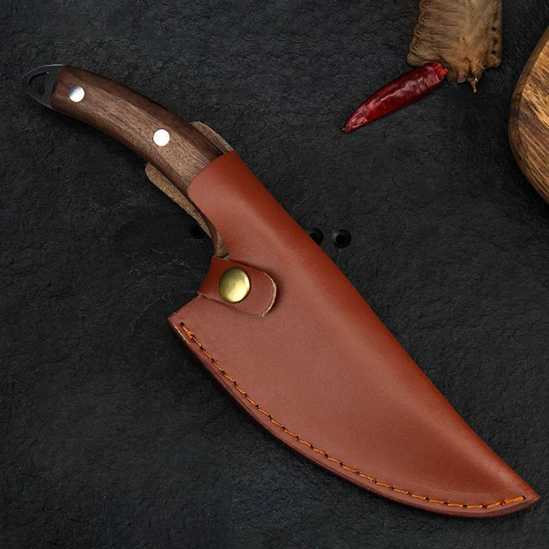 Forged stainless steel boning knife with ergonomic handle and leather sheath