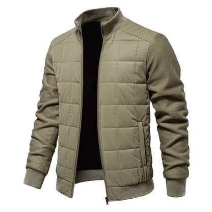 Stylish men's winter jacket with unique stitching design, stand collar, and variety of classic colours
