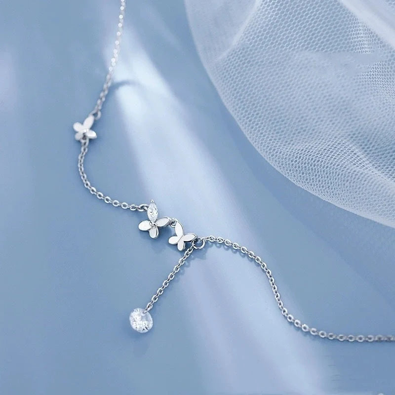S925 Sterling Silver Butterfly Zircon Anklet with Flower Tassel in white gold colour
