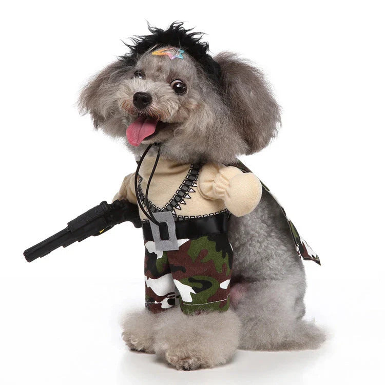 A charming pet costume with a three-piece ensemble of a whimsical hat, cosy clothing, and a dashing cloak, designed to make your furry friend the life of the party.