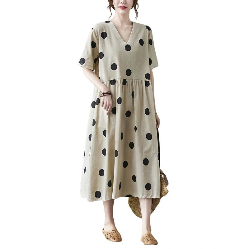 Breathable linen V-neck short-sleeved dress in apricot, perfect for summer