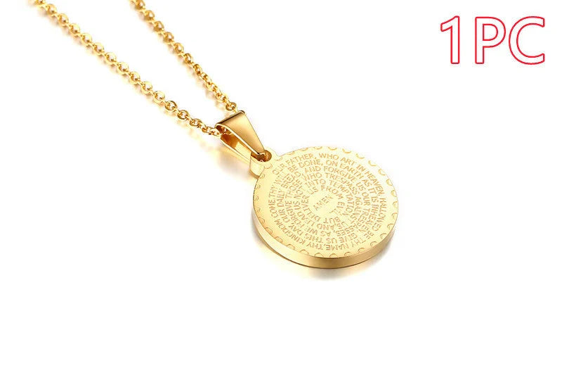Premium stainless steel pendant with sparkling rhinestones and engraved English Scripture