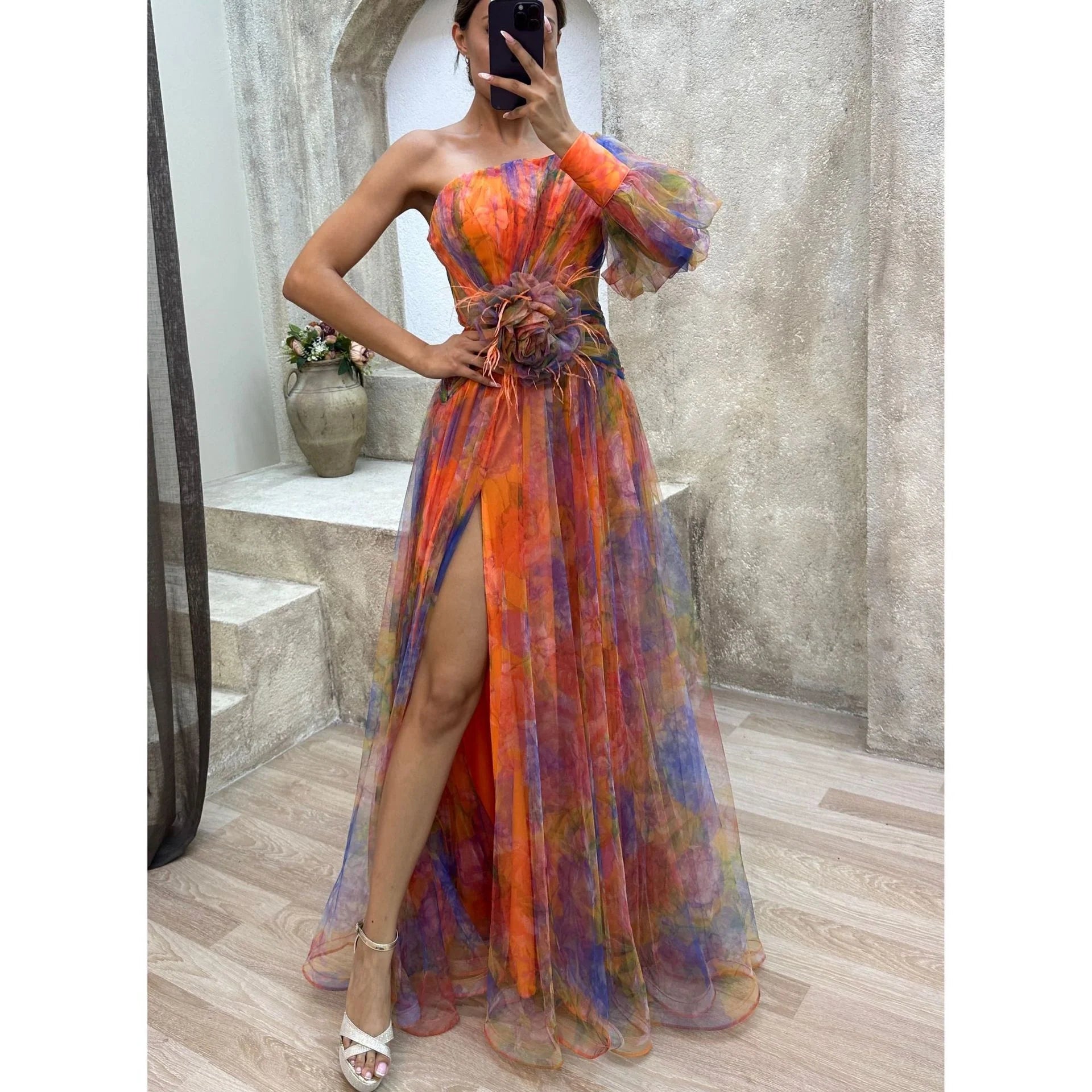 Stylish mesh tie-dye off-shoulder slit dress for summer parties and events