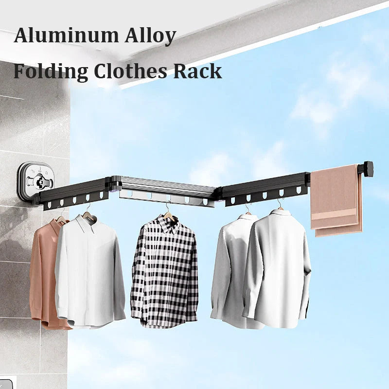 Aluminium suction cup folding clothes hanger with retractable drying rack for space-saving laundry drying