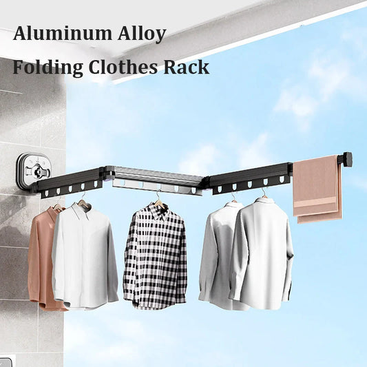 Aluminium suction cup folding clothes hanger with retractable drying rack for space-saving laundry drying