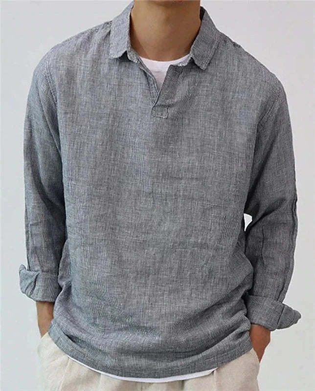 Men's European retro style cotton blend lapel pullover shirt in rose red, dark green, and gray