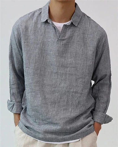 Men's European retro style cotton blend lapel pullover shirt in rose red, dark green, and gray