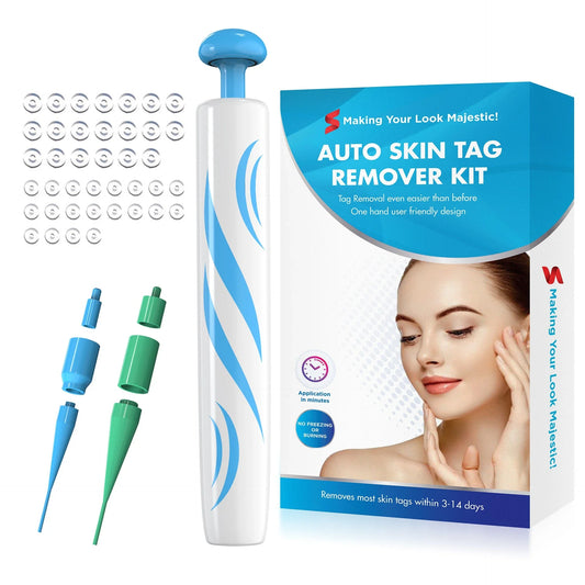Skin Tag Remover Kit featuring rubber band removal tool, attachments for different tag sizes, and easy-to-clean design for safe at-home use