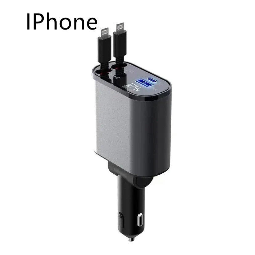 Ultra-Fast 100W Car Charger with Retractable Cable and Adjustable Connector for Rapid Smartphone, Tablet, and Laptop Charging