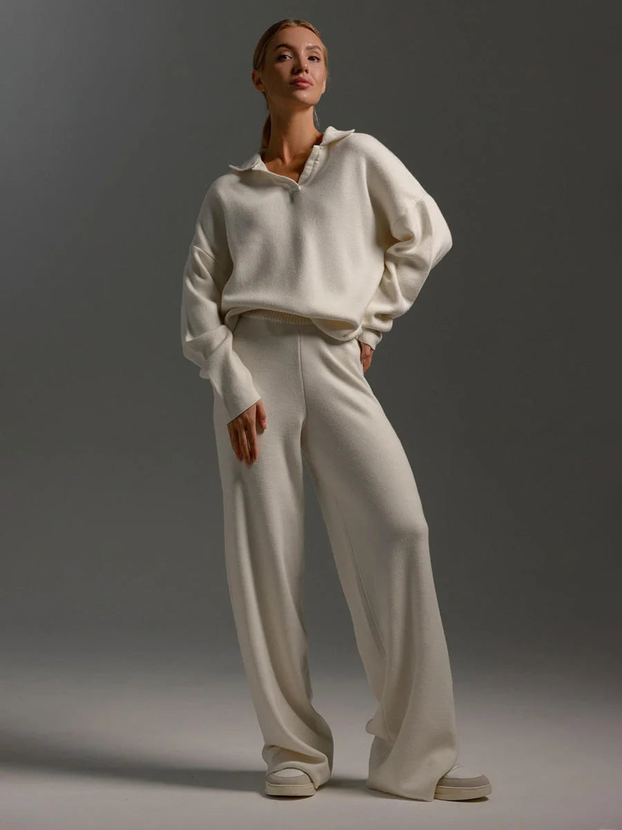 Women's loose collar sweater set in solid colours, made from 100% cotton