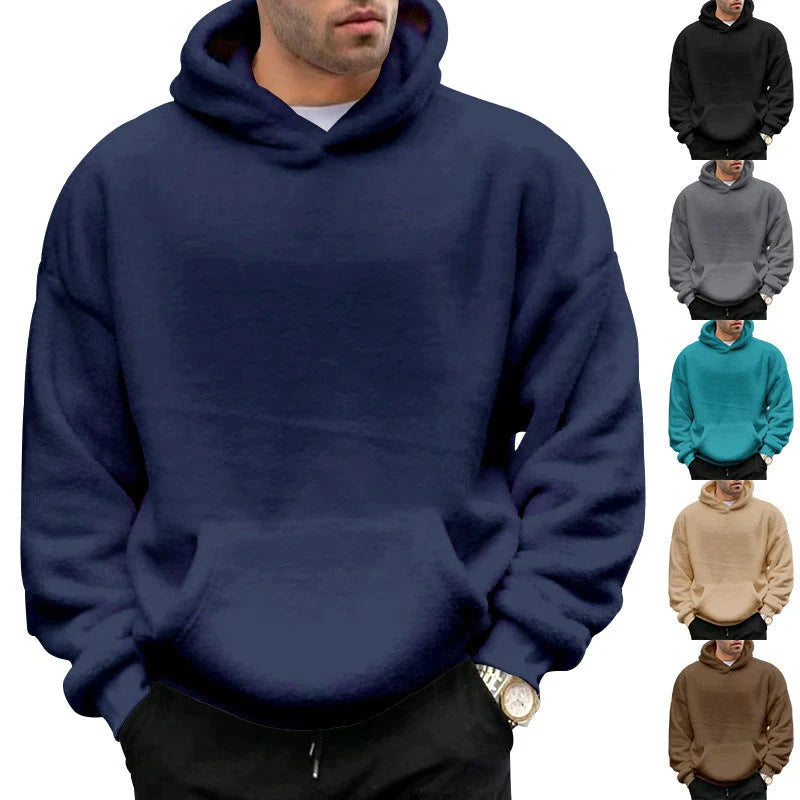 A cosy, velvet-lined hooded jumper with pockets for men, available in a range of classic colours.