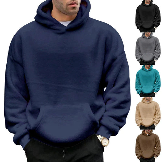 A cosy, velvet-lined hooded jumper with pockets for men, available in a range of classic colours.