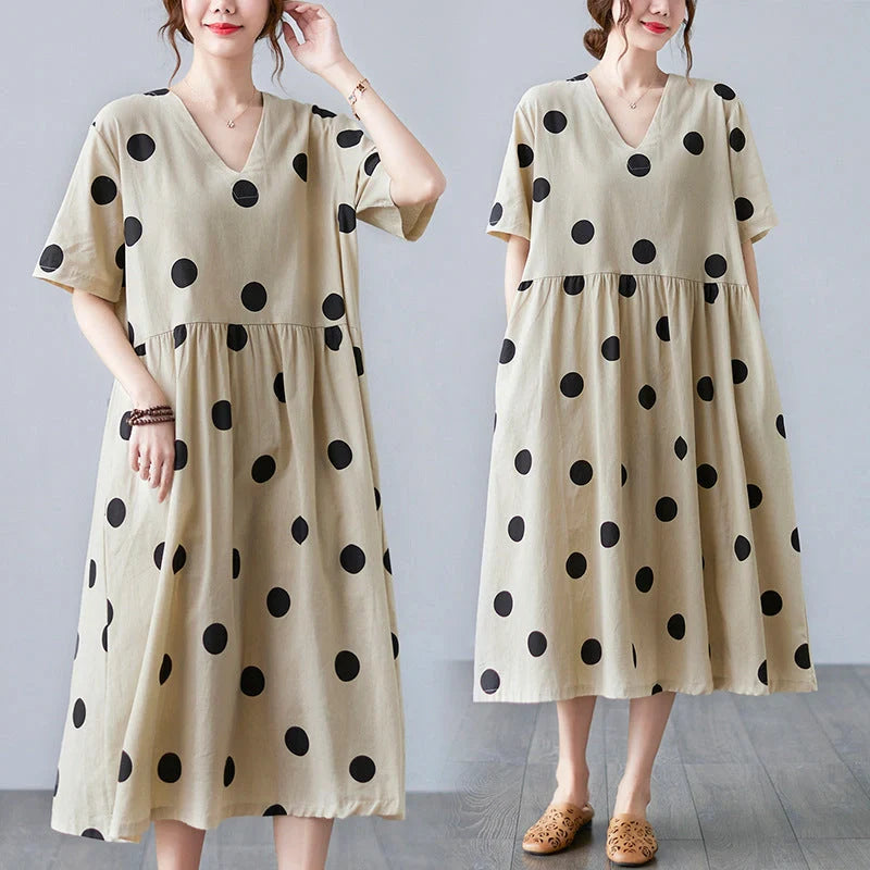 Breathable linen V-neck short-sleeved dress in apricot, perfect for summer