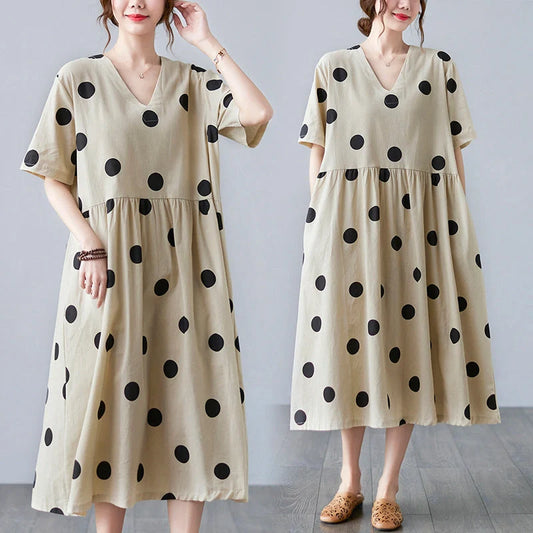 Breathable linen V-neck short-sleeved dress in apricot, perfect for summer