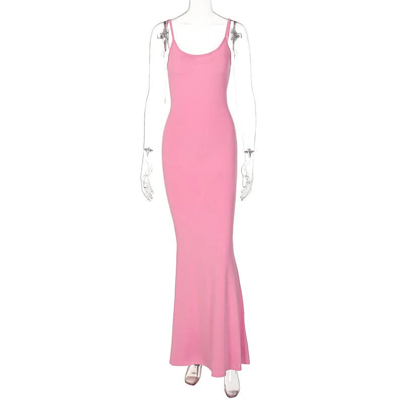 Women's spaghetti strap long dress in pink, gray, black, and blue with high waist design