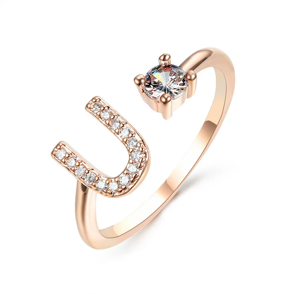 Customizable adjustable ring with 26 letters for women, featuring zircon stones and copper alloy construction