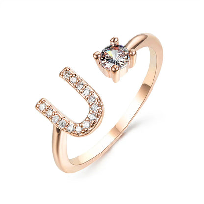 Customizable adjustable ring with 26 letters for women, featuring zircon stones and copper alloy construction