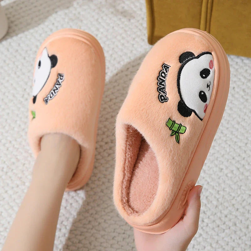 Cozy cartoon panda slippers with plush lining and anti-slip soles for comfortable indoor wear