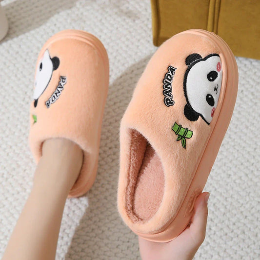 Cozy cartoon panda slippers with plush lining and anti-slip soles for comfortable indoor wear