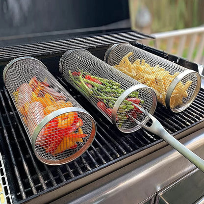 A stainless steel wire mesh grilling basket with a round shape, designed for versatile outdoor cooking and barbecue.