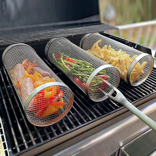 A stainless steel wire mesh grilling basket with a round shape, designed for versatile outdoor cooking and barbecue.