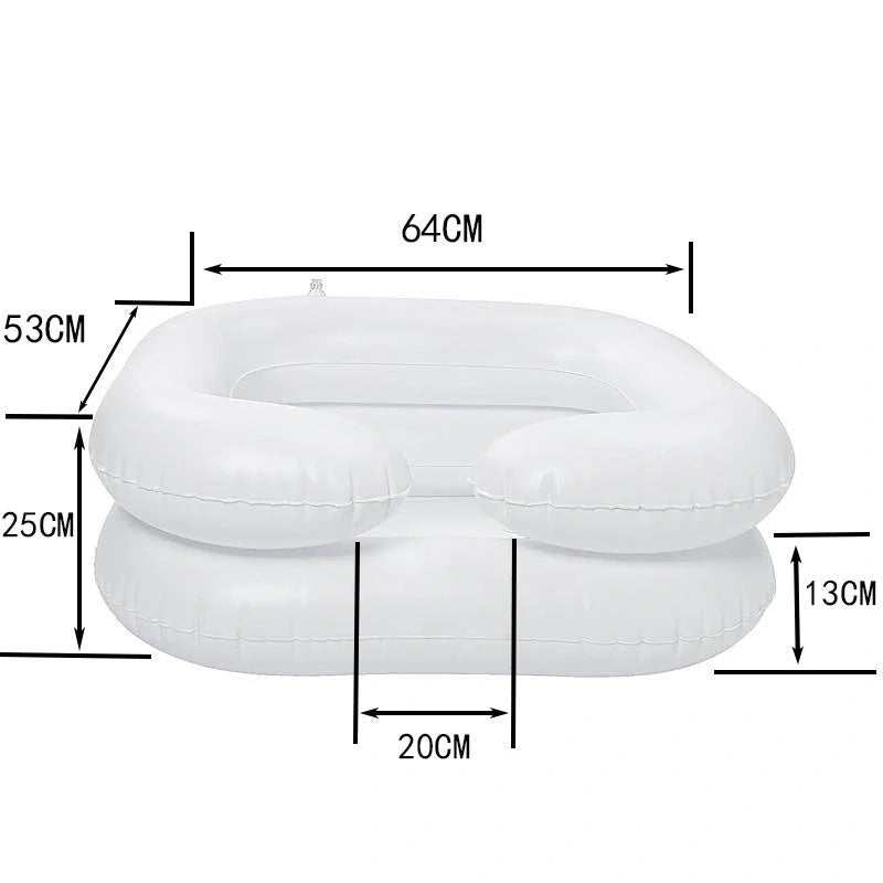 Inflatable Shampoo Basin for elderly care, white and black options, includes drain