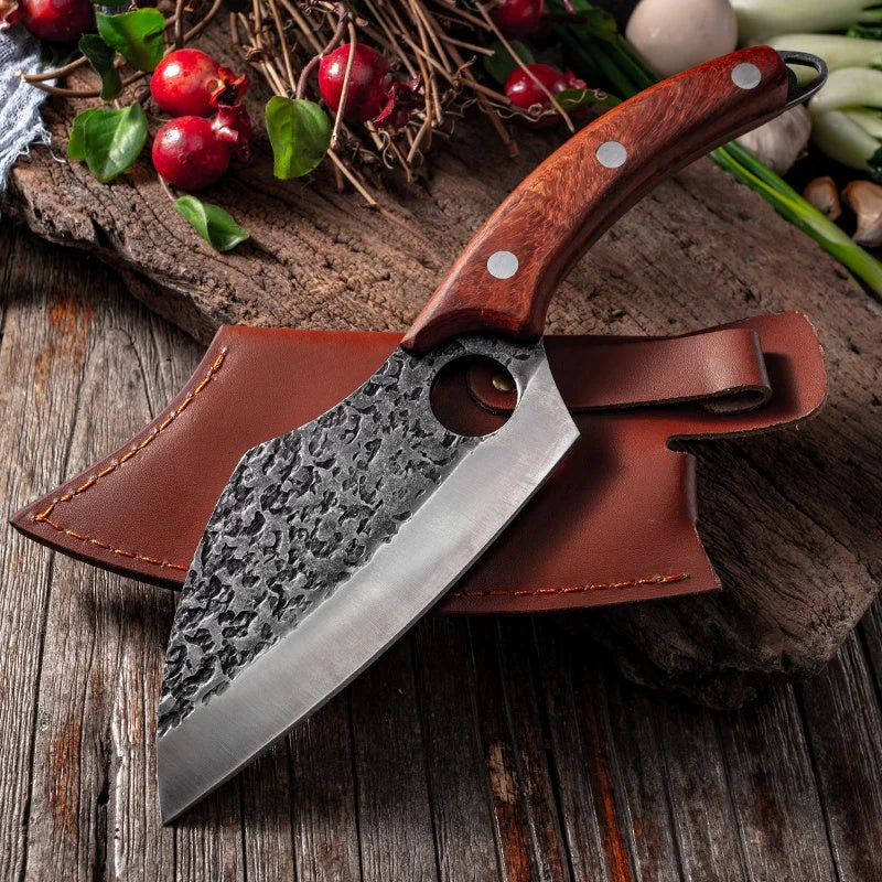 Premium forged picnic knife with leather sheath and solid wood handle