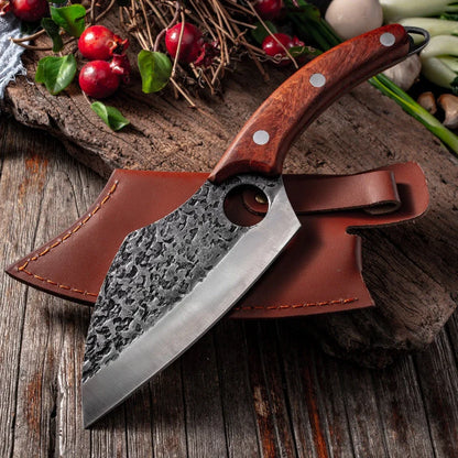 Premium forged picnic knife with leather sheath and solid wood handle
