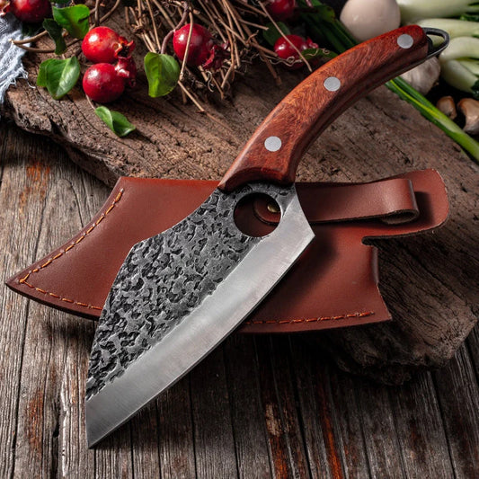 Premium forged picnic knife with leather sheath and solid wood handle