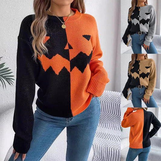 A stylish Halloween pullover sweater with a ghost motif, available in a variety of vibrant colors and sizes.
