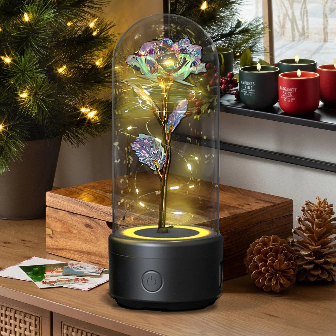Elegant LED rose light with Bluetooth speaker in glass cover