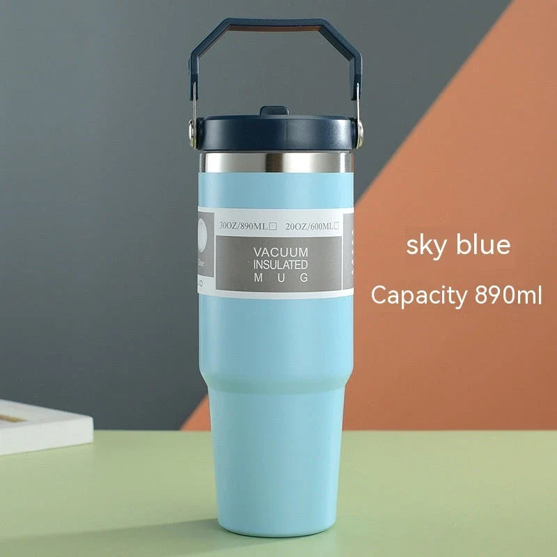Stainless steel insulated tumbler with handle, available in multiple colors and sizes, designed to keep drinks hot or cold for hours.