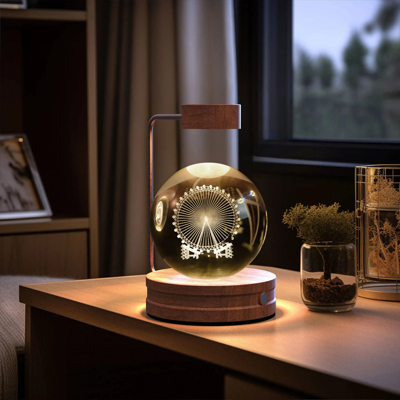Enchanting crystal ball night light with cosmic designs, creating a warm and soothing ambiance in any room.