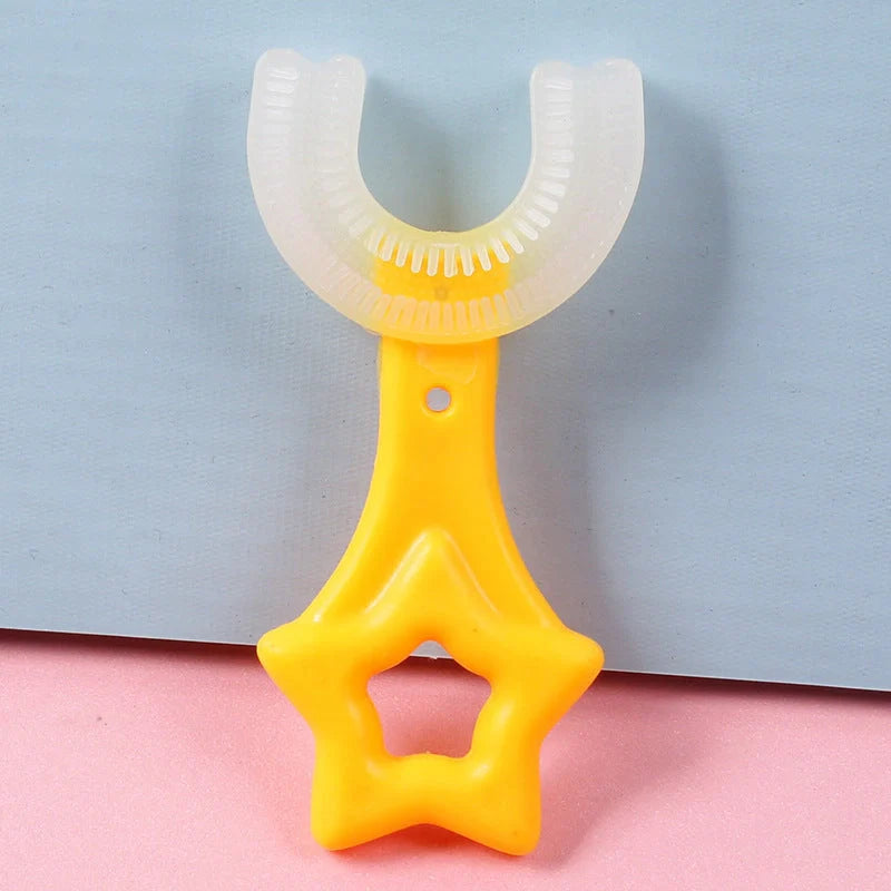 U-shaped baby toothbrush in yellow, pink, and blue, soft silicone for gentle oral care