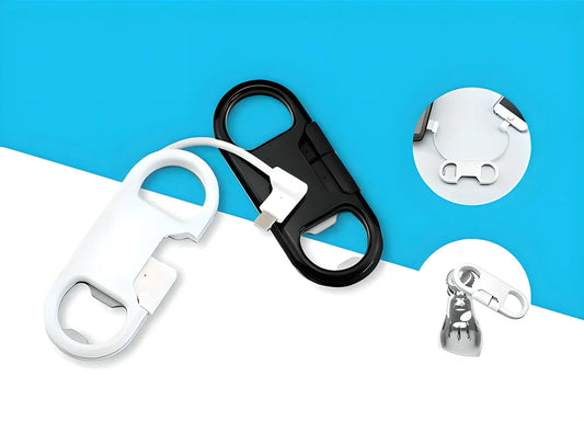 2-in-1 Bottle Opener Keychain and USB Charging Cable for iPhone and Android smartphones, available in black and white colours