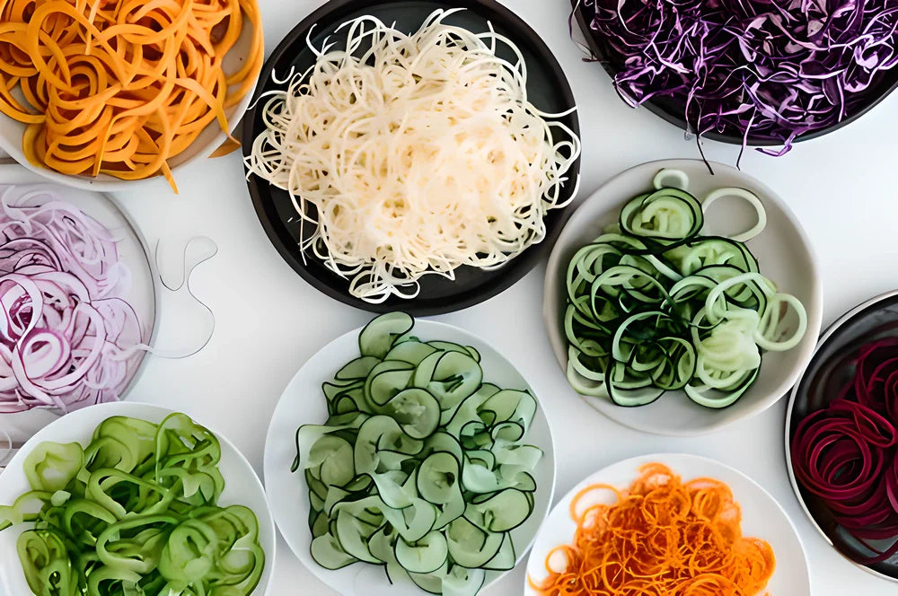 Premium Handheld Vegetable Spiralizer with 2-in-1 design for creating wide or thin noodle strips from various vegetables